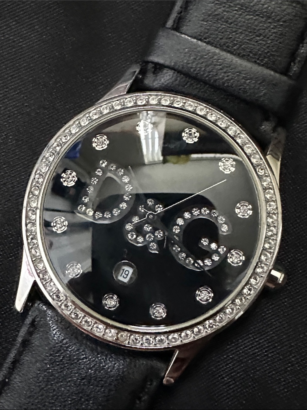 D&G Black Leather Strap Watch with Brushed Steel Back
